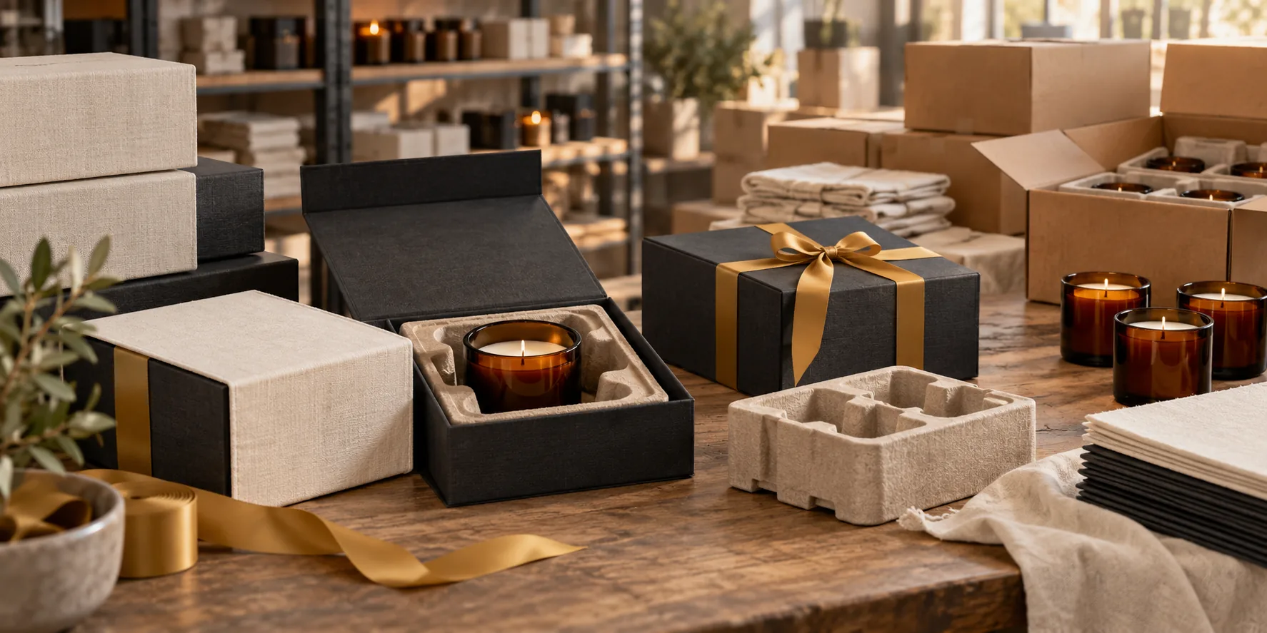 Natural candle packaging and fulfillment desk