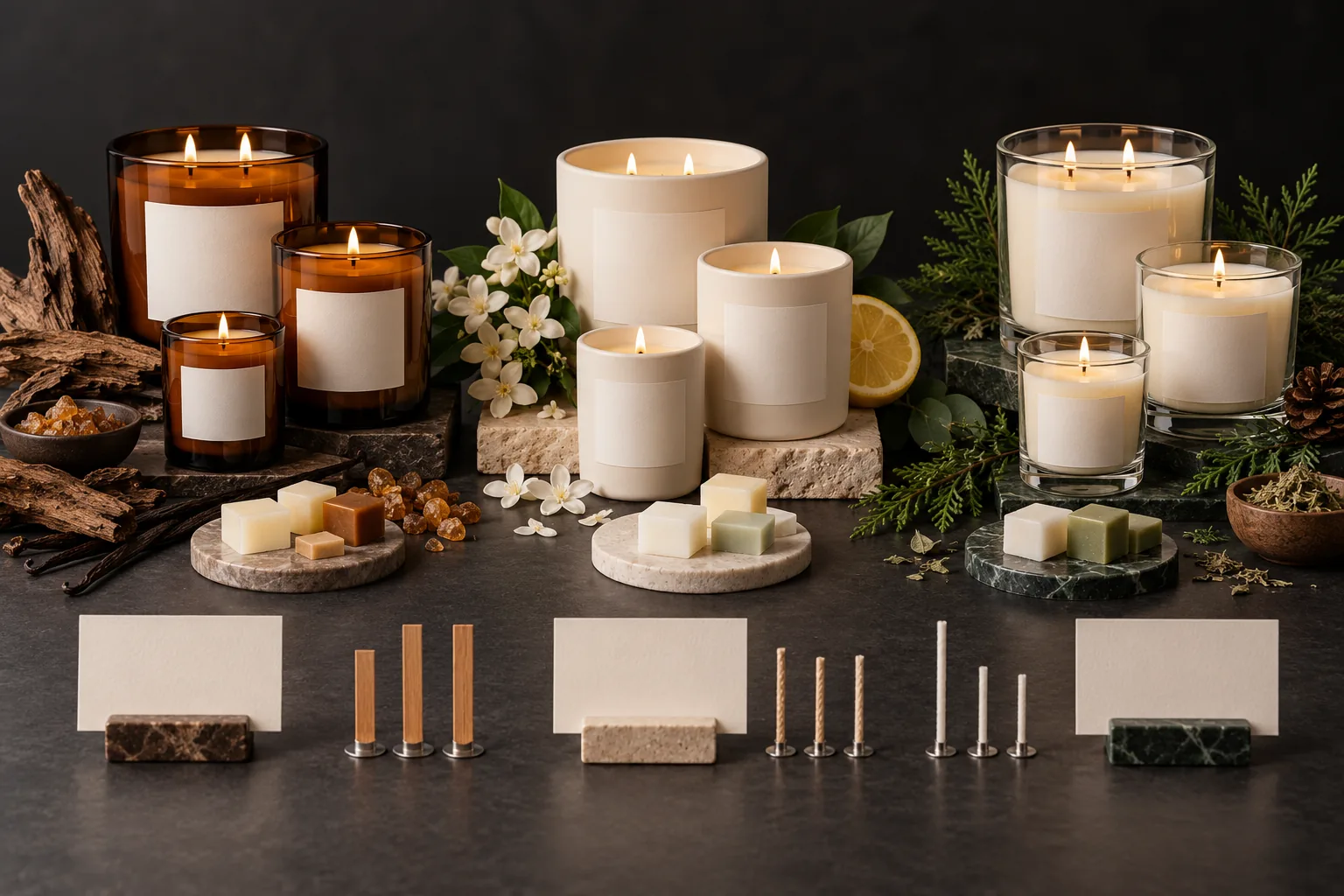 Scented candles and vessel samples on a fragrance sampling table