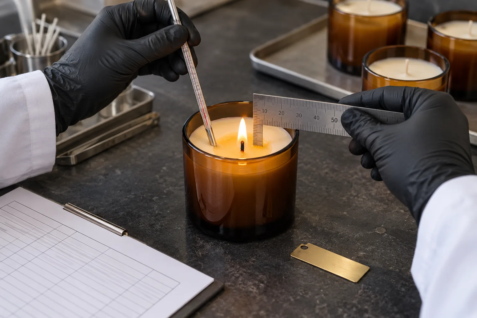 Technician inspecting scented candle at a quality desk